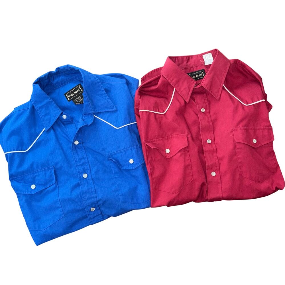 Vintage High Noon western short sleeve pearl snap shirts blue red (size large)